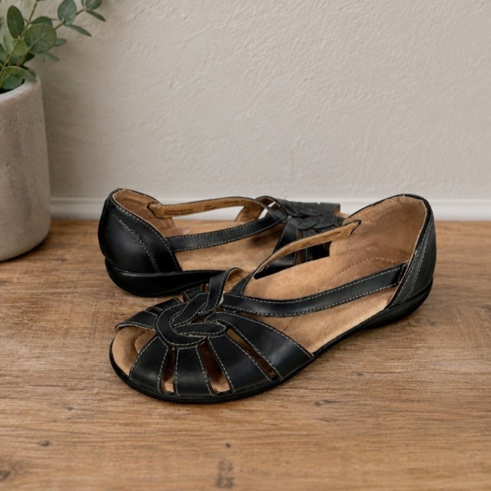 Thom McAn Darci Black Leather Comfort Strappy Peep Toe Sandals Women's 8W